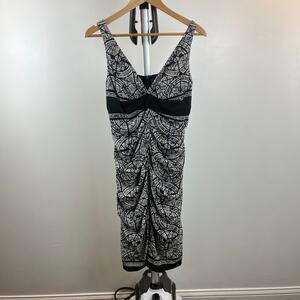 Nicole Miller Silk Fitted Ruched Black and White Print Dress Size 12